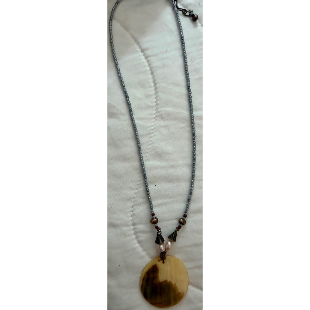 Boho Shell Pendant Necklace with Freshwater Pearls and Blue Seed Beads